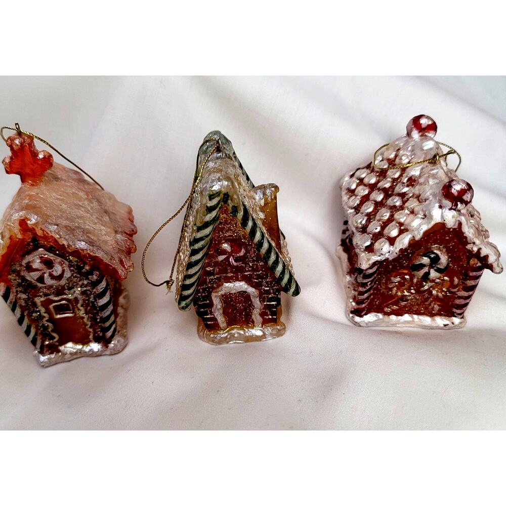 3 Vintage Gingerbread Houses Different Shapes 3"x2" Dept 56 Glittery Candy Cane